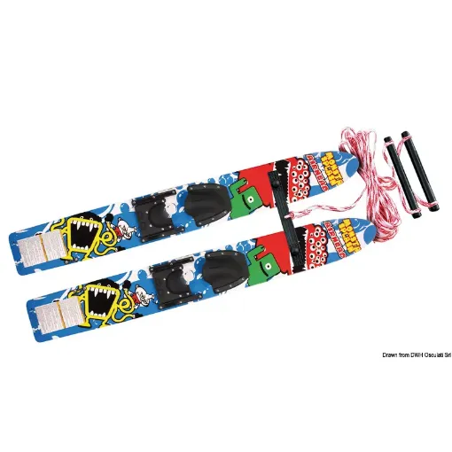 Picture of Children's skis with special stabilization bar and cords. Made of high-density polyurethane + vacuum laminated. Complete with adjustable attachments in soft expanded rubber.