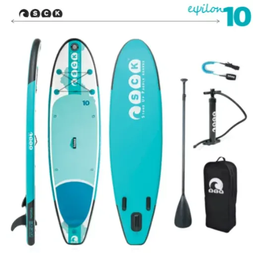 Picture of 10' Εψilon inflatable paddle board complete package with aluminum paddle, coiled leash, double action pump and back pack to fit them all - SCK