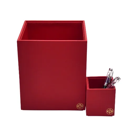 Picture of Collection Armand Red Leather Wastepaper Basket - Size Medium -  20,00cm x  20,00cm x  23,50cm - Weight : 950 Gr - Gordon & Gaia