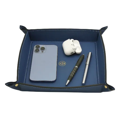 Picture of Collection Arthur - Ocean Blue Leather Valet Tray With Eyelets - Size Large -  22,00cm x  22,00cm x  4,50cm - Weight : 260 Gr - Gordon & Gaia