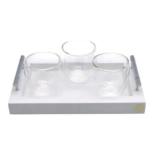 Picture of Collection Louis Rectangular Tray With Hexagonal Chrome Handles - Covered In White Grained Leather - Small Size - 30cm x  20cm x  3,5cm - Frame 2.5cm - Weight : 950 Gr - Gordon & Gaia