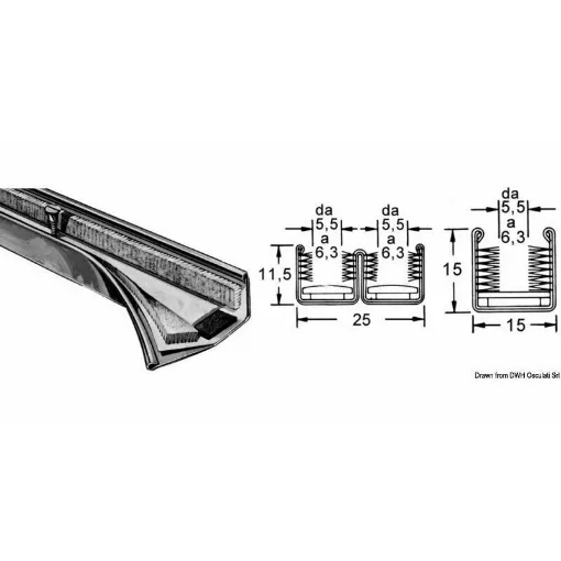 Picture of AISI 316 stainless steel profile, high-density polyethylene anti-friction bottom, neoprene and felt intermediate bearing to absorb vibrations and allow fastening with screws through the profile. Synthetic lateral brushes to prevent slipping and vibrations in UV resistant material.