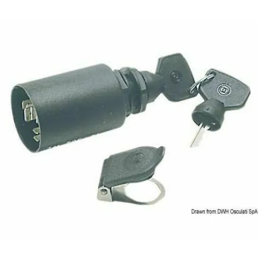 Picture of With removable key, with additional function that allows activating only specific accessories such as bilge pump, water level, fuel level, without powering the entire system. Watertightness guaranteed through a cap that closes the key entry. The additional function cannot be activated by mistake as the key needs to be pressed while rotating to the left. Universal for both gasoline and diesel engin