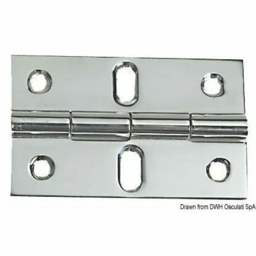 Picture of Polished stainless steel half-recessed hinge. Equipped with ovalized central holes to allow perfect centering. Designed for hinging compartments. With vibration damping through a braked central shaft.