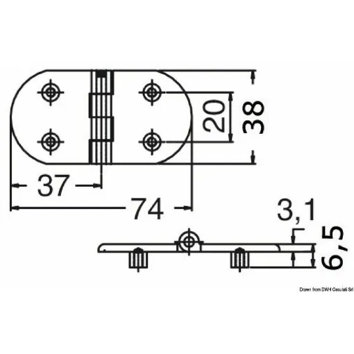 Picture of Mirror polished AISI 316 stainless steel. Fixing from the lower side with 4 threaded bushes. Central axis with soft movement braking, and headed at the ends.