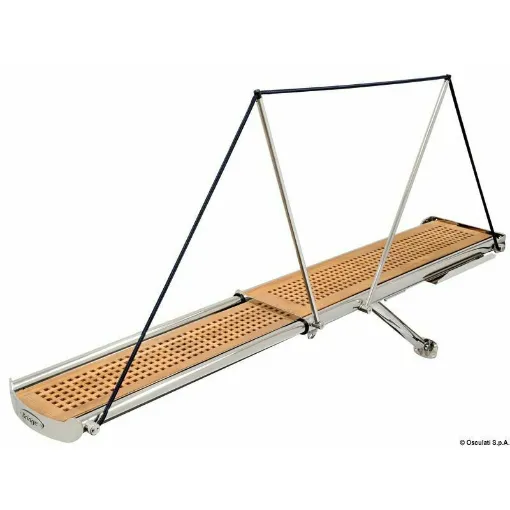 Picture of Automatically collapsible candlesticks that can be placed on both sides of the gangway. Teak Burma springboard with beveled edges. Electronic control unit with simple PLUG &amp; PLAY wiring. Possibility to vary the fulcrum position of the gangway to achieve the optimal positioning of the lifting piston. The gangway, available in 12V or 24V, is supplied complete with: - hydraulic control unit with