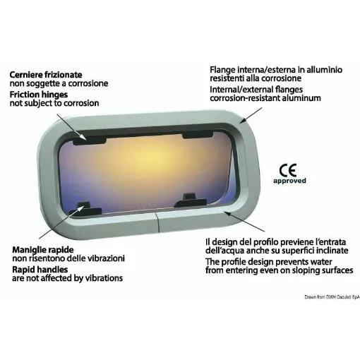 Picture of A portlight line characterized by excellent finishes and material quality. Hinges with integrated friction to hold the portlight open at any position, quick and secure handles. Supplied complete with white ABS finishing counterflange (available in ivory color upon request), mounting screws and mosquito net, smoked glass. Installation is made easy and fast by a threaded ring with drilled holes, all