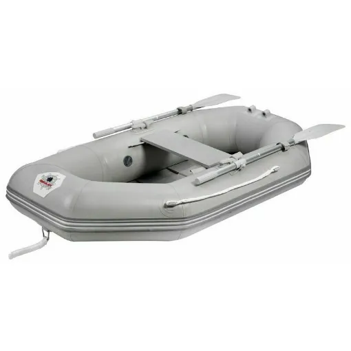 Picture of Foldable dinghy with a flat bottom reinforced by crossbars. The most compact and lightweight dinghy possible, ideal for small boats where space is precious. Supplied complete with oars, inflator, repair kit, and transport bag.