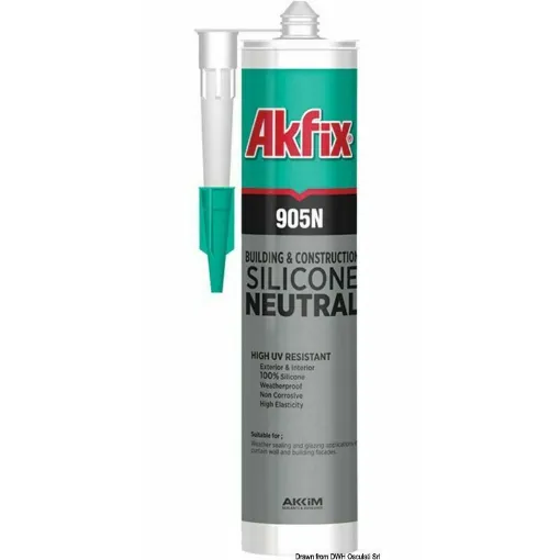 Picture of High-performance neutral silicone. Excellent sealant with good adhesive power for various surfaces. Non-corrosive and odorless. APPLICATION: general sealing for both interior and exterior. PROPERTIES: 100% silicone. - Marine Silicone Akfix 905N transparent 310 ml - 65.417.03 - Akfix