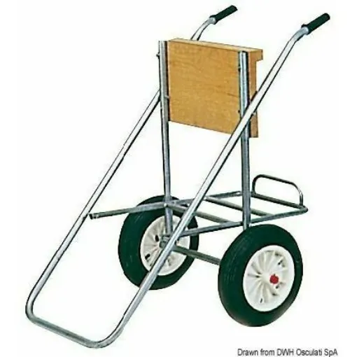 Picture of With nylon and rubber wheels, complete with a tank holder. Equipped with a special closing system, so that the stand can be flattened in a second without causing any obstruction. Completely chrome-plated zinc. Plywood board painted with polyurethane, professional model with 4x8 pneumatic wheels.