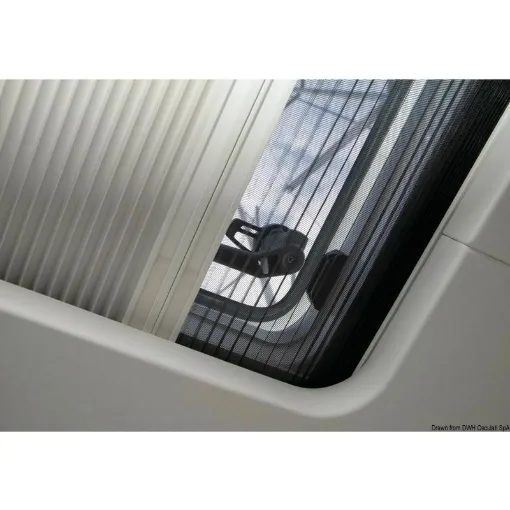 Elegant and easy-to-apply system for rectangular and round doorways, installed on the surface of the inner lining of the cabin or suitable for being hidden in the inner lining. 100% blackout pleated fabric curtain + pleated mosquito net, inserted in a single ultra-thin aluminum cassette. - Optional to be ordered separately, finishing counterframe composed of 4 separate moldings. Available on reque product image