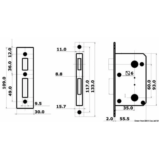 Picture of Dimensions: 94x57x11.5 mm. For door thickness 16/38 mm.