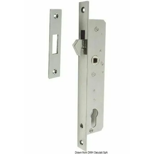 Picture of In stainless steel. Complete with strike plate, Yale-type cylinder, and flat handle. Its low depth makes it very suitable for doors with thin profiles.