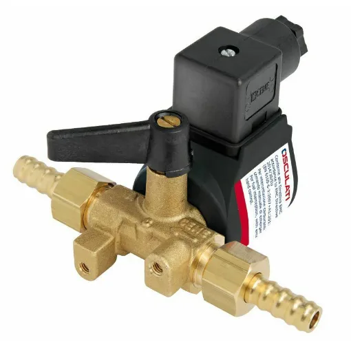EMC Directive 2014/30/EU (EN 6100-6-3:2007+A1:2011). Allows remote interception of fuel supply with electrical control, also equipped with manual control. Complete with nipples for rubber tube of 8/10 mm, copper tube fitting of 10 mm, and fixing plate with bolts. IP65. product image