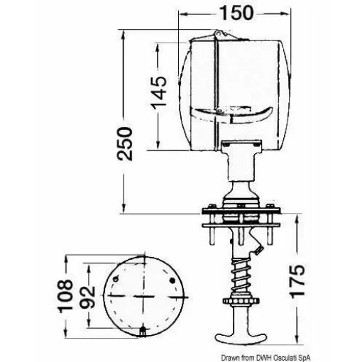 Picture of All made of stainless steel and chrome-plated brass. Watertight seal, nylon ball joint adjustable in all directions, frictionable, very small and comfortable control handle. Supplied with watertight G.E. bulbs. - Internal control lighthouse 24 V 185 mm - 13.342.24 - Oem