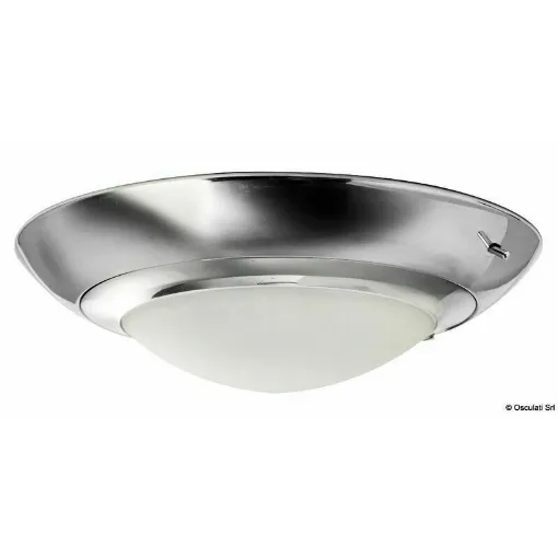 Picture of Stainless steel body. Opaline glass domed lens. Invisible fastening, hinged opening for bulb replacement.