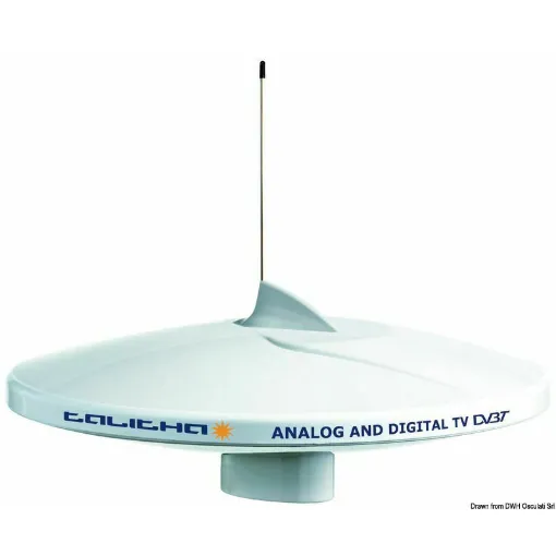 Picture of Digital terrestrial TV antenna, complete with automatic amplifier (AGC Automatic Gain Control) that amplifies the signal gain when necessary and built-in LTE filter. It has 2 TV outputs but thanks to an optional switch, it allows the connection of an additional onboard television or a television and an AM/FM radio reception.