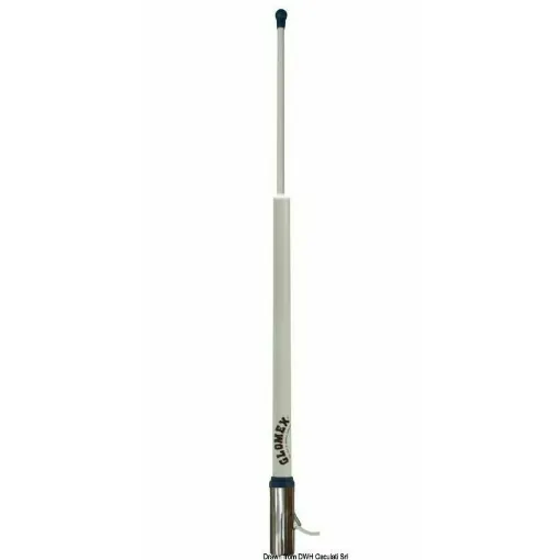 Picture of 2.40 m VHF antenna, double thickness white lacquered fiberglass, 7.6 m RG8X coaxial cable and FME connector. 6 db gain, maximum input power 100 W. Stainless steel metal parts, compatible with all Glomex bases.