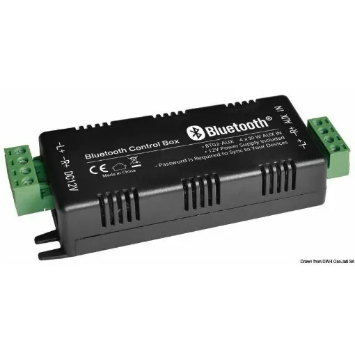 Ideal for small/medium boats, no need to mount the stereo on the dashboard. The amplifier receives the music signal from any Bluetooth device (tablet, smartphone, etc.) and connects to any stereo speaker. Available in 2, 4, 4+2 channel versions. Can be paired with all stereo speakers up to 8" available in our catalog. - Bluetooth 4-channel amplifier - 29.749.04 - Oem product image