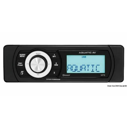 Picture of Supported devices: Bluetooth/USB/MP3/AM/FM/DAB (via adapter 29.548.83)/AUX (via rear USB connector). - Waterproof MP6 player - 29.548.81. - Aquatic Av