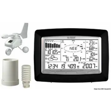 Picture of Complete with external sensors for temperature, humidity, wireless radio-controlled anemometer, and pluviometer. Provided information: 1) hour and date, calendar with day/month/year.