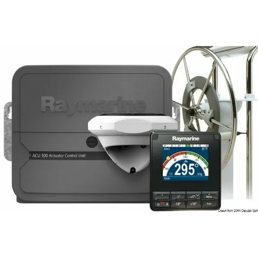 Picture of The "Evolution" autopilot packages include the control unit, the EV-1 sensor, the power unit, and the actuator. The most suitable actuator (internally mounted or mechanical/hydraulic) and ACU depend on the type of steering system and the displacement of the vessel. - Raymarine EV-100 Wheel Autopilot - 29.623.00. - Raymarine