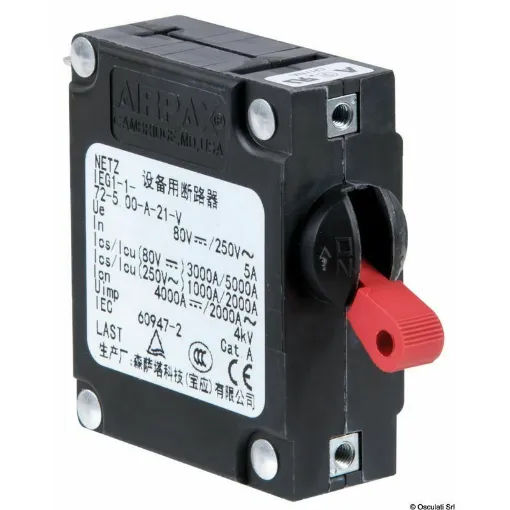 Picture of Expressly designed for marine use. The switch instantly disconnects in case of a strong overload (e.g. short circuit), while for overloads up to 50%, it remains inserted for a few seconds so that if it is connected to an occasional event, it has time to return within the limits without interrupting the current. In case of a short circuit, the switch cannot be reset unless the problem is eliminated