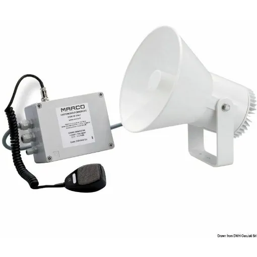 Picture of Easy-to-assemble electronic trumpet, as it only requires two wires to be connected from the horn to the control unit. Equipped with a polished stainless steel support bracket. Provided with a voice amplifier device to transmit vocal messages + automatic fog signal + VHF input, complete with microphone. RINA approved for recreational and work vessels from 12 to 20 meters.