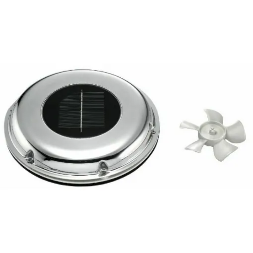 Picture of It represents the most advanced solar-powered ventilation system. Mirror-polished stainless steel cover. ON-OFF switch. The ventilator is equipped with rechargeable NiMH batteries which, by accumulating energy during the day, ensure a 30-hour operation even without sunlight. Comes with two DX/SX fans that allow you to choose whether to let the air in or out.