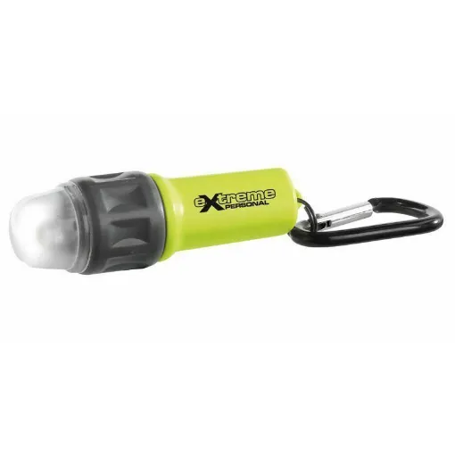 Picture of It can be attached to the life jacket using the carabiner or used as a small flashlight. Functions: steady light or flash. Submersible up to 1 m. Rotary switch for turning on.