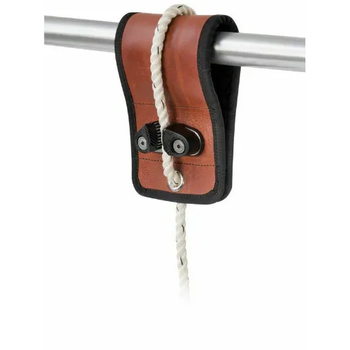 Picture of Mobile hook for hanging fenders. Externally covered in leather, it fits all handrails or tubular up to 50 mm in diameter. The inner wool coating prevents it from slipping and avoids scratches. The closure is made by means of wide Velcro strips that join the end part. By means of the throttling device with steel teeth in polished stainless steel Delrin cheeks, suitable for ropes with a diameter fro