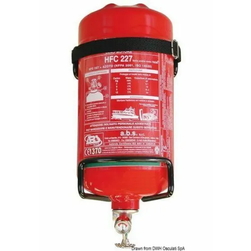 Picture of Approved by RINA, CE automatic extinguishing gas system with ecological gas. This product replaces Halon 1301 and acts by saturating the environment. Unlike extinguishing powder, it leaves no residue, so even in case of accidental release, there is no need to restore the entire mechanical and accessory system clogged with extinguishing powder. The kit consists of: gas-filled cylinder HFC-227 or FK