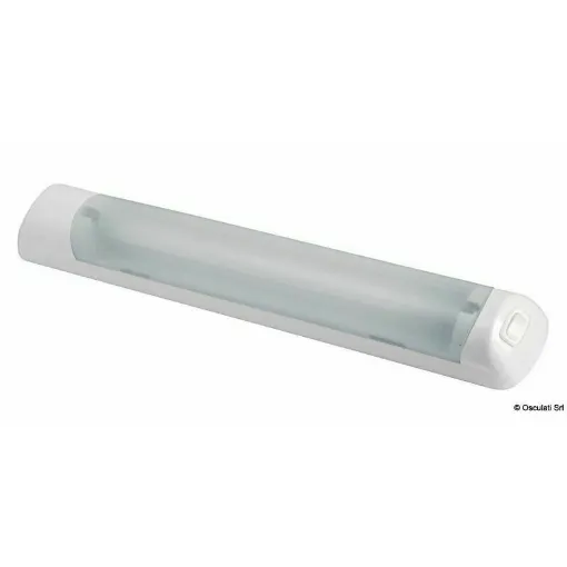 Picture of ON-OFF switch. White casing + satin diffuser. They replace the equivalent fluorescent tubes with lower consumption and longer lifespan.