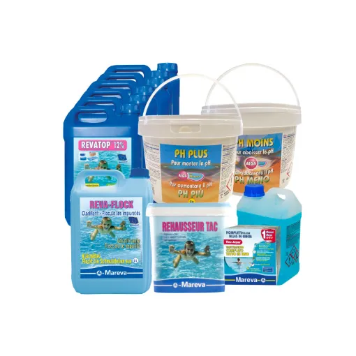 Picture of Pack MAREVA Kit Rev-Aqua 60 to 90 m3 - pack of 6 Ravatop 12% Algaecide - TAC Booster - Liquid Clarifier 5 L - pH Stabiliser