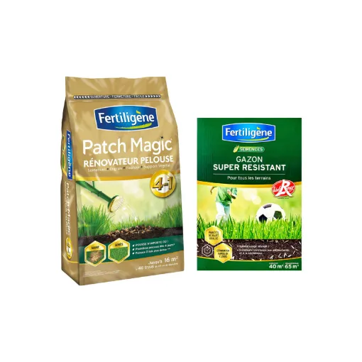 Picture of FERTILIGÈNE Pack - Patch magic lawn renovator - 3 6kg - Super resistant lawn - Red label - 40m² - 1kg