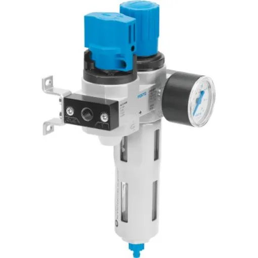 Festo G 1/4 FRL Assembly, Manual Drain, 40µm Filtration Size - With Pressure Gauge - LFR-1/4-D-MINI-KC product image