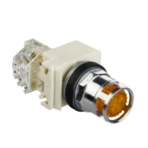 Schneider Electric 9001K Series Illuminated Push Button Complete Unit, Panel Mount, 30mm Cutout, 1 NO + 1 NC, IP66 - 9001K3L38LYAH13 product image