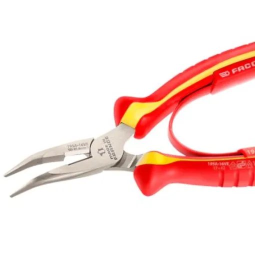 Facom Round Nose Pliers, 160 mm Overall, Angled Tip, VDE/1000V, 50mm Jaw - 195A.16VE product image