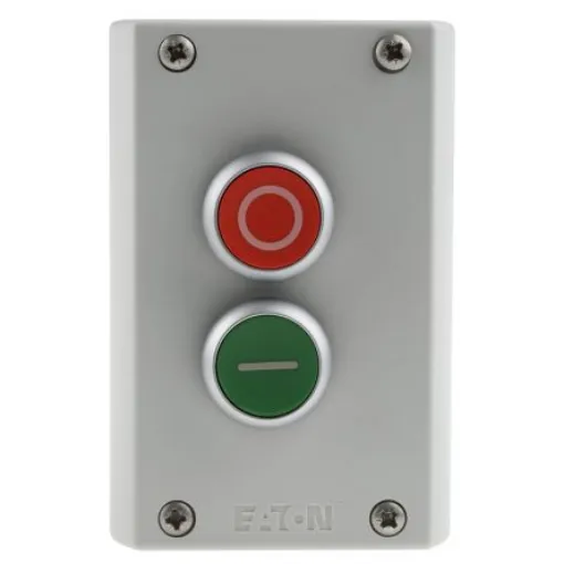 Eaton Momentary Enclosed Push Button - 2NO/2NC, Plastic, 2 Cutouts, Red/Green, O/I, IP67 - 216529 M22-I2-M1 product image
