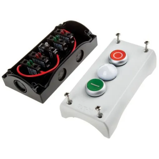 Eaton Momentary Enclosed Push Button - SPDT, Plastic, 3 Cutouts, Red/White/Green, O/lamp/I, IP69K - 216533 M22-I3-M2 product image