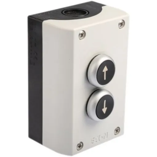 Eaton Momentary Enclosed Push Button - SPDT, Plastic, 2 Cutouts, Black, Arrow, IP65 - 78640752 M22-I2-(511-4996) product image