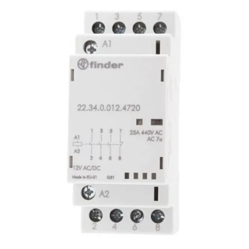 Finder 22 Series Contactor, 12 V dc Coil, 4-Pole, 25 A, 4 kW, 3NO + 1NC, 250 V ac, 440 V ac - 22.34.0.012.4720 product image