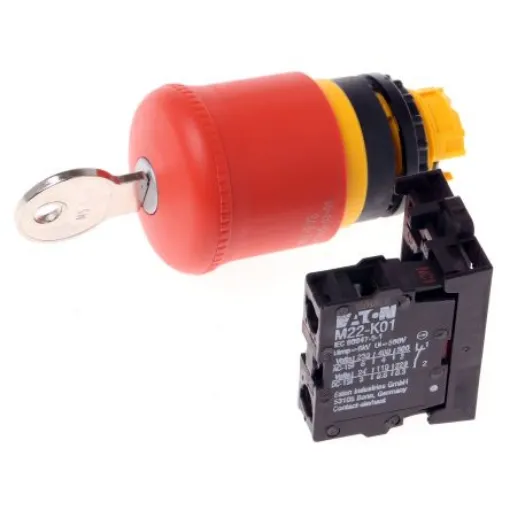 Eaton RMQ Titan M22 Series Key Release Emergency Stop Push Button, Panel Mount, 22.5mm Cutout, 1NC, IP66, IP67, IP69K - 216514 M22-PVS/K01 product image