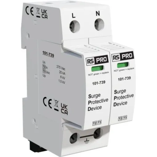 RS PRO Single Phase Industrial Surge Protector, 50kA, 1.5kV, DIN Rail Mount - 101739 product image