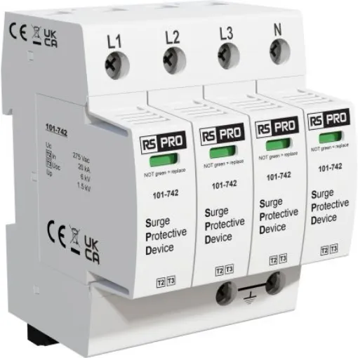 RS PRO Three Phase Industrial Surge Protector, 50kA, 1.5kV, DIN Rail Mount - 101742 product image