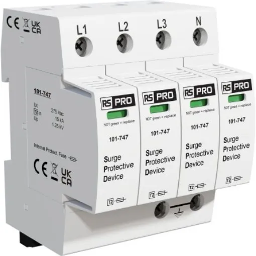 RS PRO 3 Phase Industrial Surge Protector, 25kA, 1.25kV, DIN Rail Mount - 101747 product image