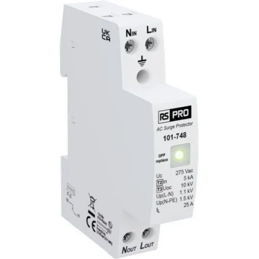 RS PRO Single Phase Industrial Surge Protector, 10kA, 1.1kV, DIN Rail Mount - 101748 product image