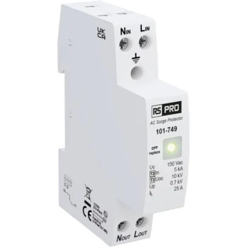 RS PRO Single Phase Industrial Surge Protector, 10kA, 1.3kV, DIN Rail Mount - 101749 product image