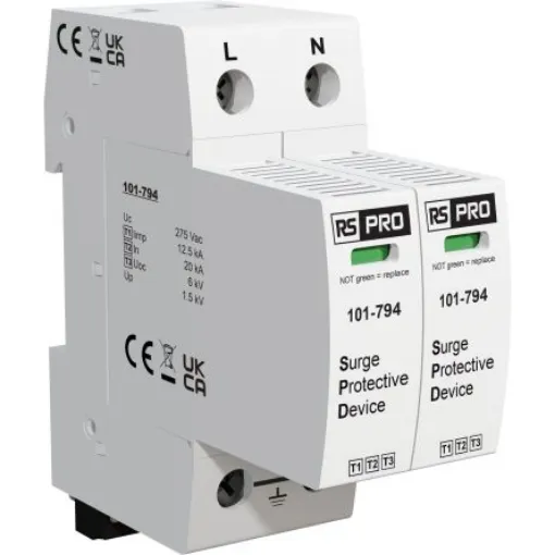 RS PRO Single Phase Industrial Surge Protector, 50kA, 1.35kV, DIN Rail Mount - 101794 product image