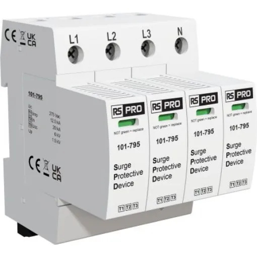 RS PRO Three Phase Industrial Surge Protector, 50kA, 1.35kV, DIN Rail Mount - 101795 product image